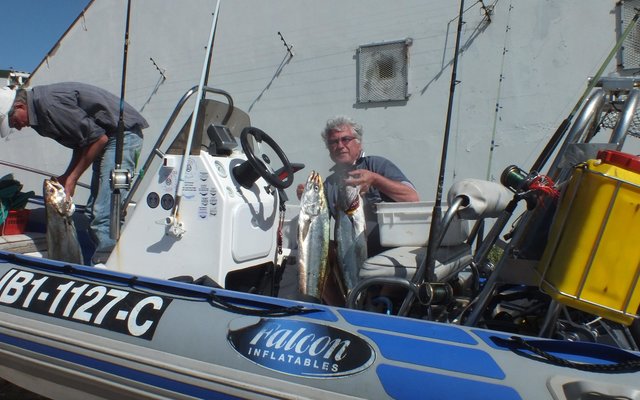 Johan Burmeister met sy geelbekke op sy boot Nu-Nu, waarmee hy en Lulof Doyer die pryse vir die swaarste visse, -sak en -bootgemiddeld ingepalm het  